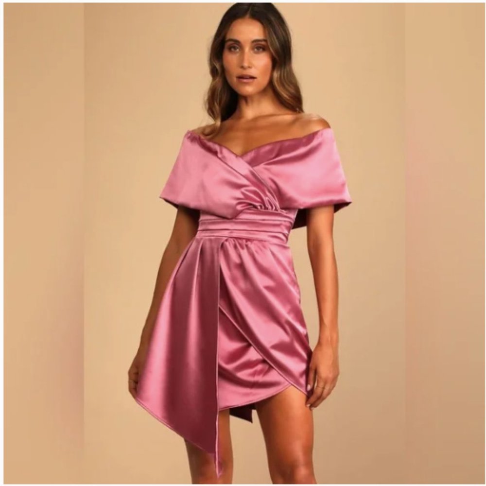Lulus Always Celebrating Mauve Pink Satin Off the Shoulder Mini Dress
